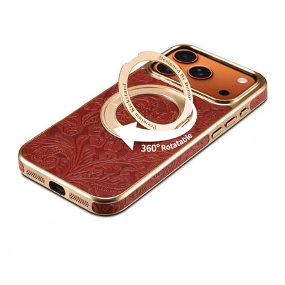 Denior is suitable for iPhone 17/16/15/14/13 Air Pro Max retro printed genuine leather 360 ° rotating bracket phone case