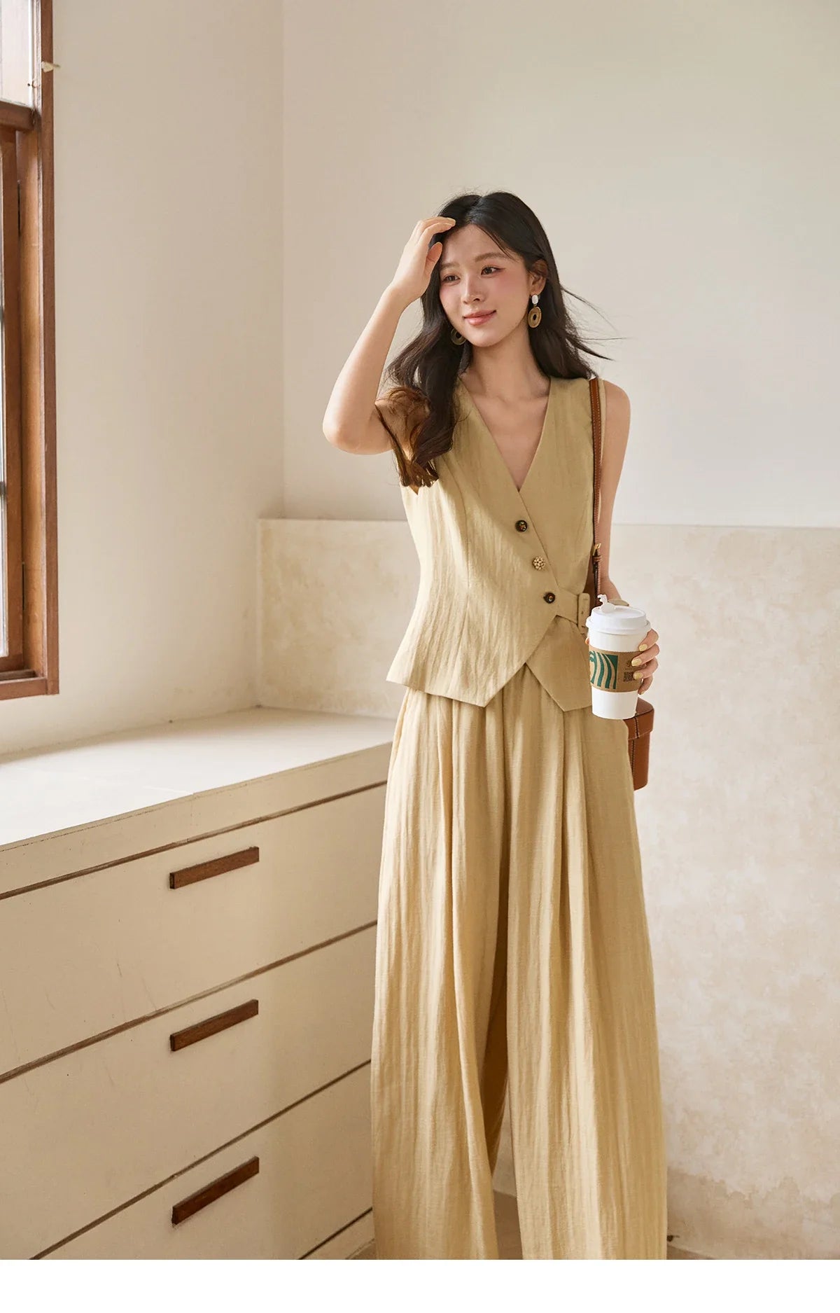 Women's Sleeveless V Neck Vest 2026 Summer Asymmetric Button Belted Waist Slim Solid Waistcoat Office Lady MXF27W1076