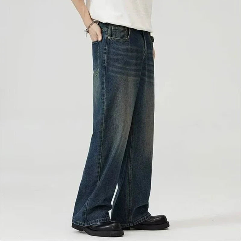 Male Classic America Hip Hop Rap Jeans Wide Leg Youth Popular Jeans Men Straight Leg Retro Loose Trousers Oversized Denim Pants