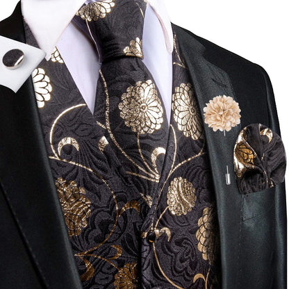Navy Blue Mens Silk Vests Business Paisley V-Necl Waistcoat Tie Hanky Cufflinks Brooch Set for Men Suit Wedding Formal Hi-Tie