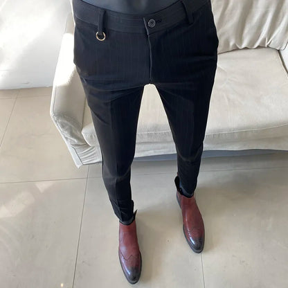 High Quality Striped Suit Pants 2025 Men Elegant Slim Fit Tight Trousers Men Office Party Business Casual Slim Fit Dress Pants