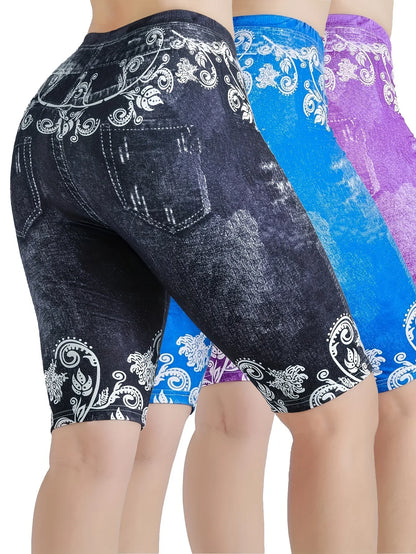 Lmitation Denim Leggings For Women Butterfly Waist Fruit Flower Elastic Shorts High Waist Casual