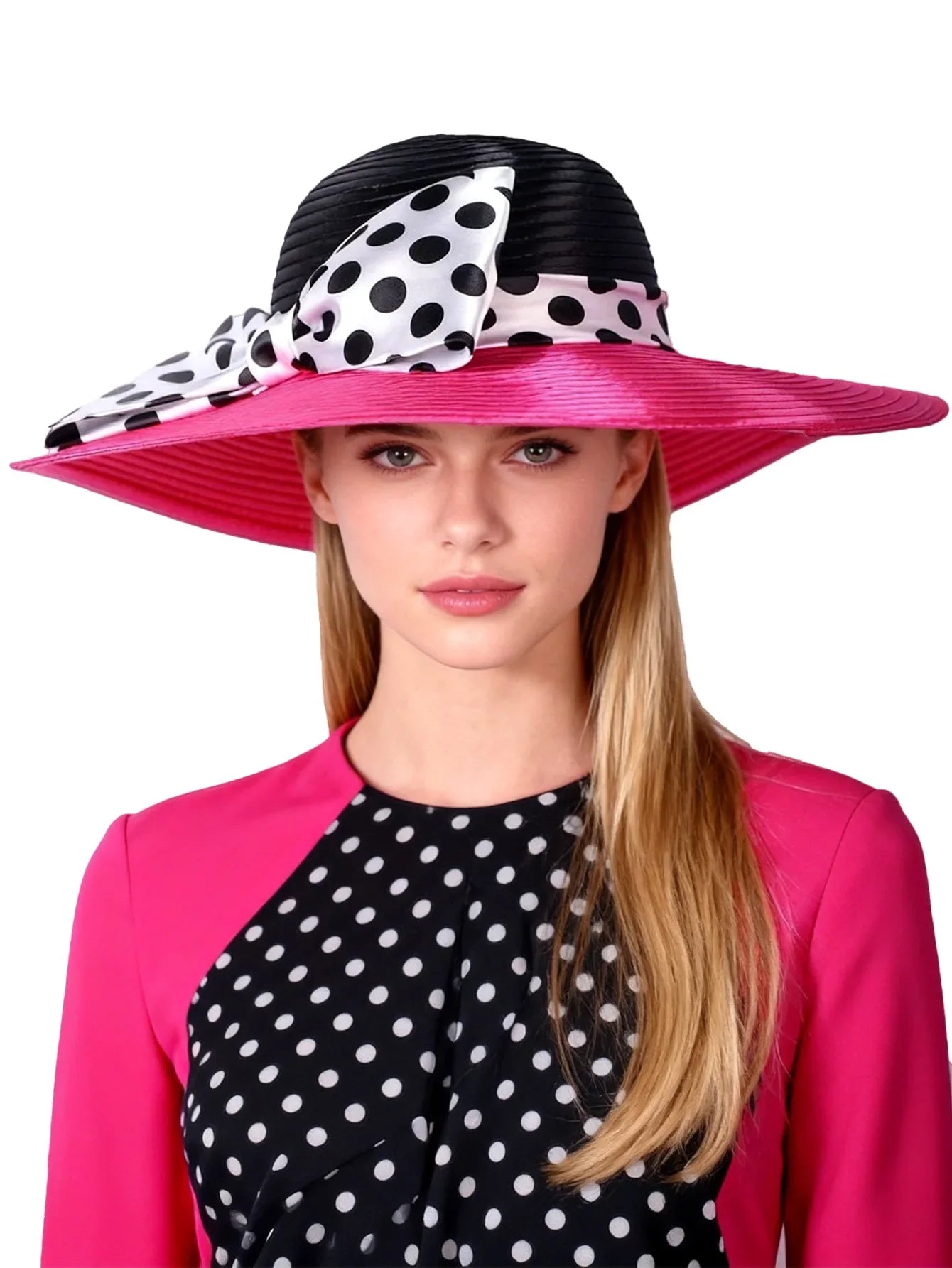 Elegant Women Wide Brim Rose Black Patchwork Polka Dots Kentucky Hat For Wedding Party Hat Big Bowknot Fedora Beach Cap