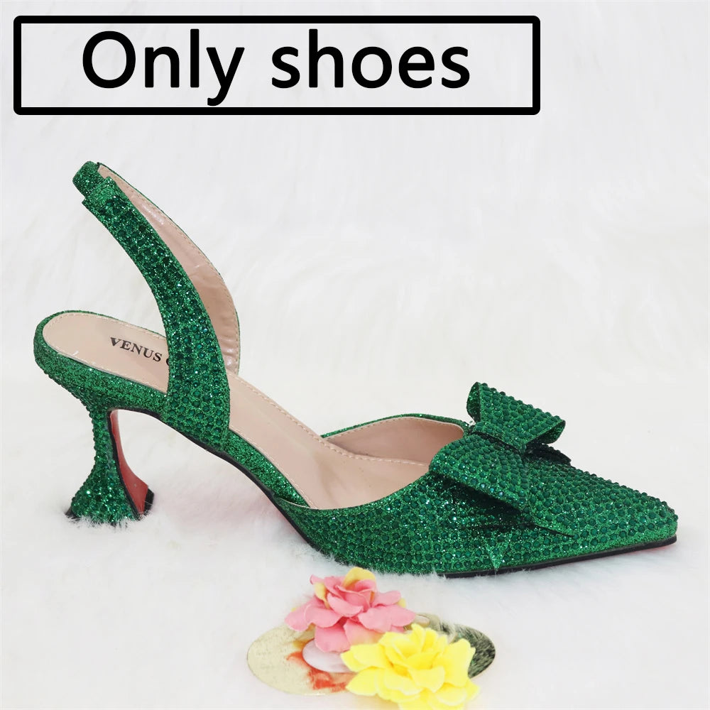 Bridal High Heels for Women 2023 Pointed Toe With Bows Gold Color Rhinestone  Elegant Party Wedding Shoe and Bag Set