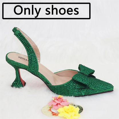 Bridal High Heels for Women 2023 Pointed Toe With Bows Gold Color Rhinestone  Elegant Party Wedding Shoe and Bag Set