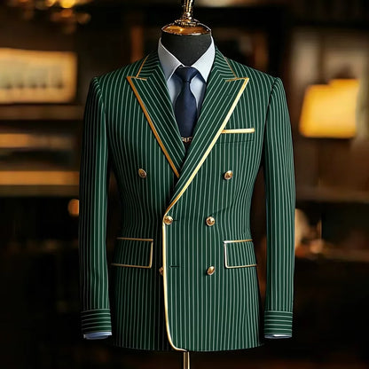 Men's Pinstripe Blazer Double Breasted Slim Fit Peaked Lapel With Gold Trim Formal Suit Jacket  For Groomsman Wedding Prom Hot