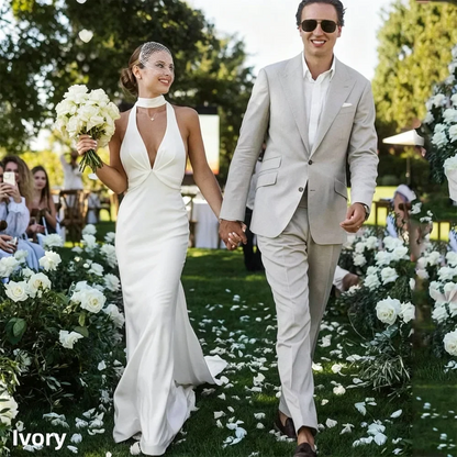 Customized Elegant Simple V-Neck Halter Mermaid Crepe Wedding Dresses For Women Boheimian Backless Sweep Train Bridal Gown