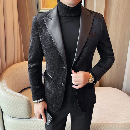 2025 Fashion Leather Neck Spliced Suit Jacket Luxury Men's Business Slim Fit Social Formal Blazers Coats Wedding Groom Tuxedos