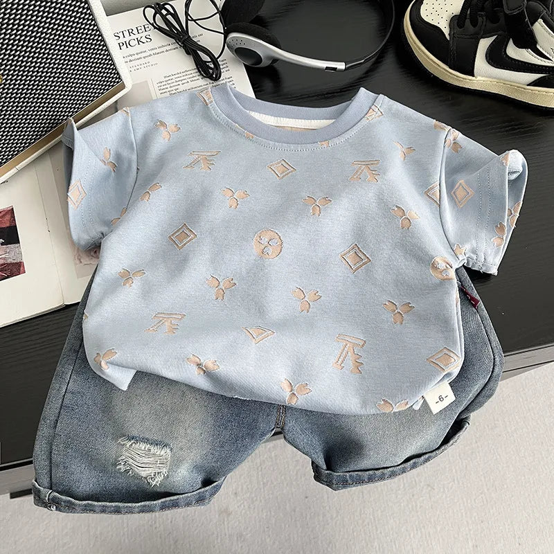 0-5Years New Baby Boys Girls Summer Clothes Multi Symbol Hot Dye T-shirt Denim Shorts 2pcs/sets Children Clothing Tracksuits Set