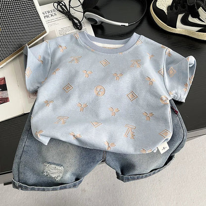0-5Years New Baby Boys Girls Summer Clothes Multi Symbol Hot Dye T-shirt Denim Shorts 2pcs/sets Children Clothing Tracksuits Set
