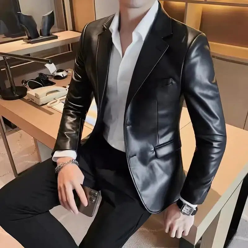 Men's Leather Jacket 2024 Autumn Highend Fashion Solid Slim Fit Business Blazers Coats Korean Casual PU Leather Suit Tuxedo