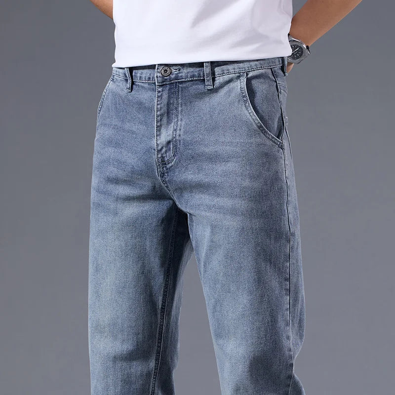 Men's loose straight leg jeans retro washed elastic casual pants suitable for all seasons versatile pants