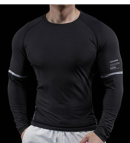 Autumn New Men's Sports Gym Fitness Clothes Reflective Strips Round Neck Training Long-sleeved T-shirt Running Slim Breathable