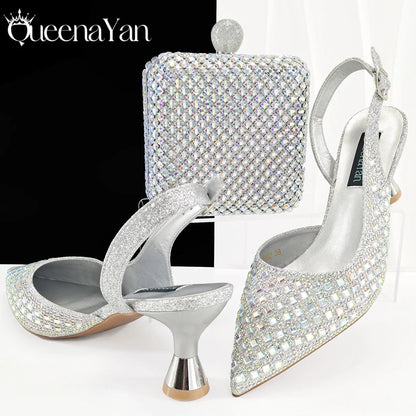 Coffee Color Elegant Lady Shoes And Bag Set with Full Rhinestone Embellished Pearls-knot And Comfortable Heel
