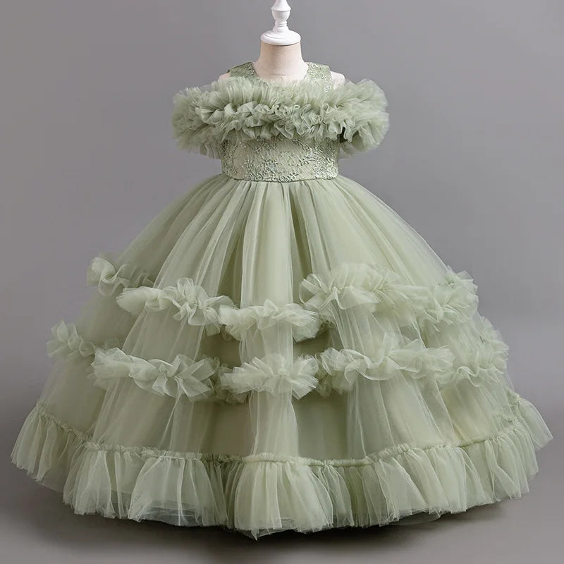 New Elegant Dress for Girls Flower Wedding Long Embroidered Panto Skirt 4-12 Years Old Piano Performance Girl Dress
