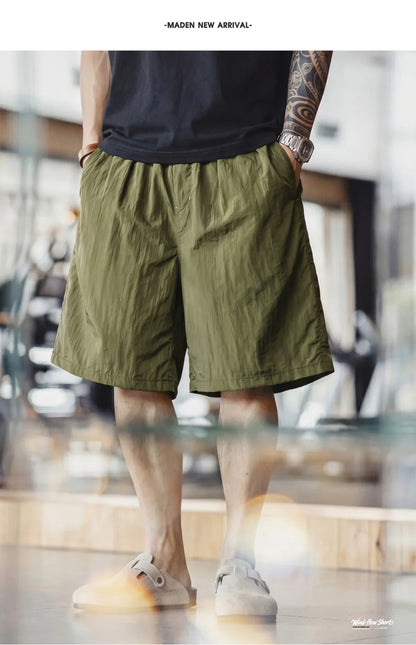Men's Amekaji Shorts Summer Retro Oversized Wide Leg Casual Shorts Elastic Waist Cargo Breathable Men's Streetwear Shorts