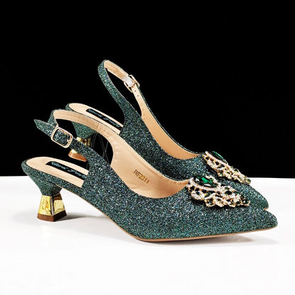Italian Design Peach Color Pointed Toe Shoe & Bag Set Rhinestone Luxury  Women's High Heels for Parties By QSGFC