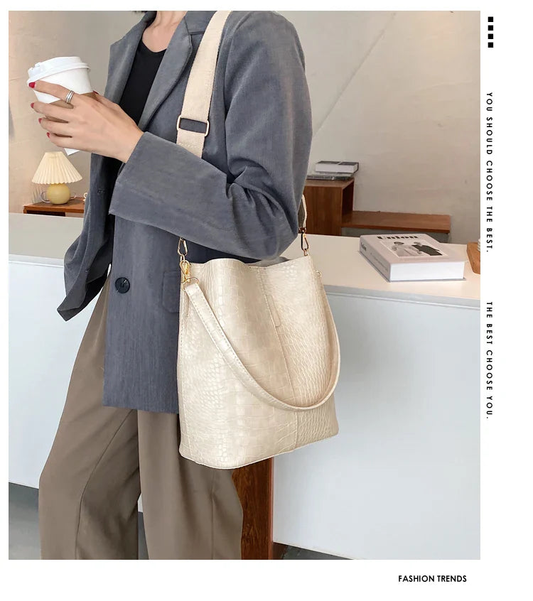 Women Bag Vintage Crocodile Pattern Crossbody Bags for Women PU Leather Trend Designer Shoulder Handbags Large Capacity Bucket
