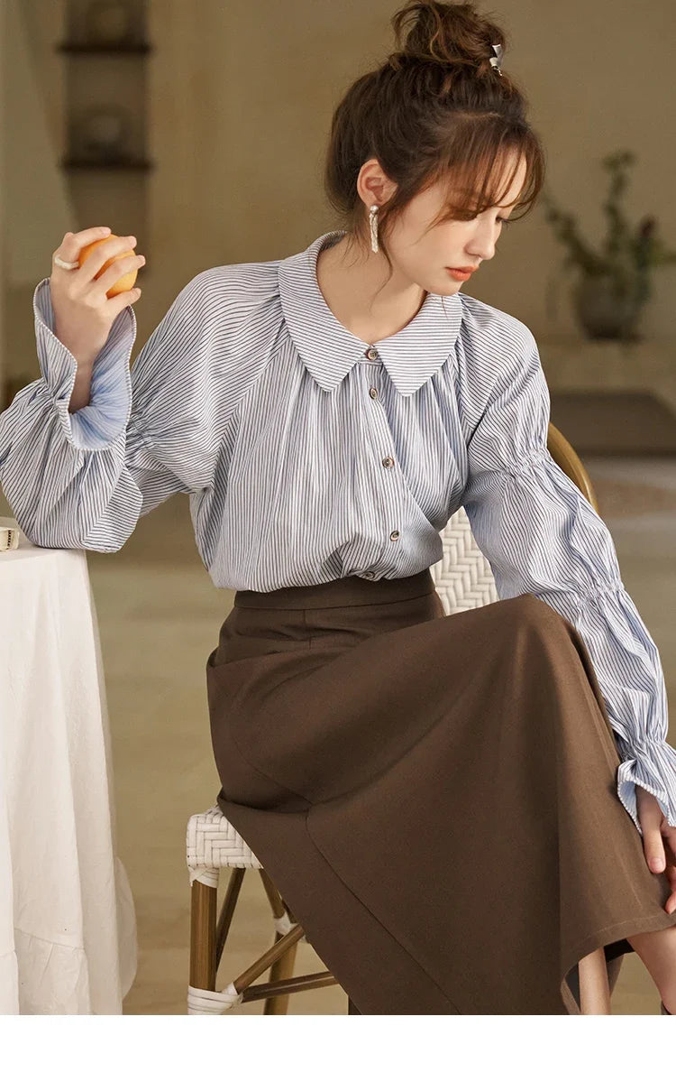 Women's Blue Stripe Shirt 2024 Spring Fashion French Retro Bubble Sleeves Doll Neck Loose Tops Office Lady MXD12C0163