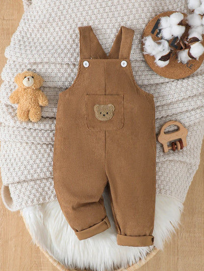 Corduroy Baby Boy Pants with Cute Bear Pattern And Pocket Design Casual Comfortable All-Season Adjustable Waist Bib Overalls