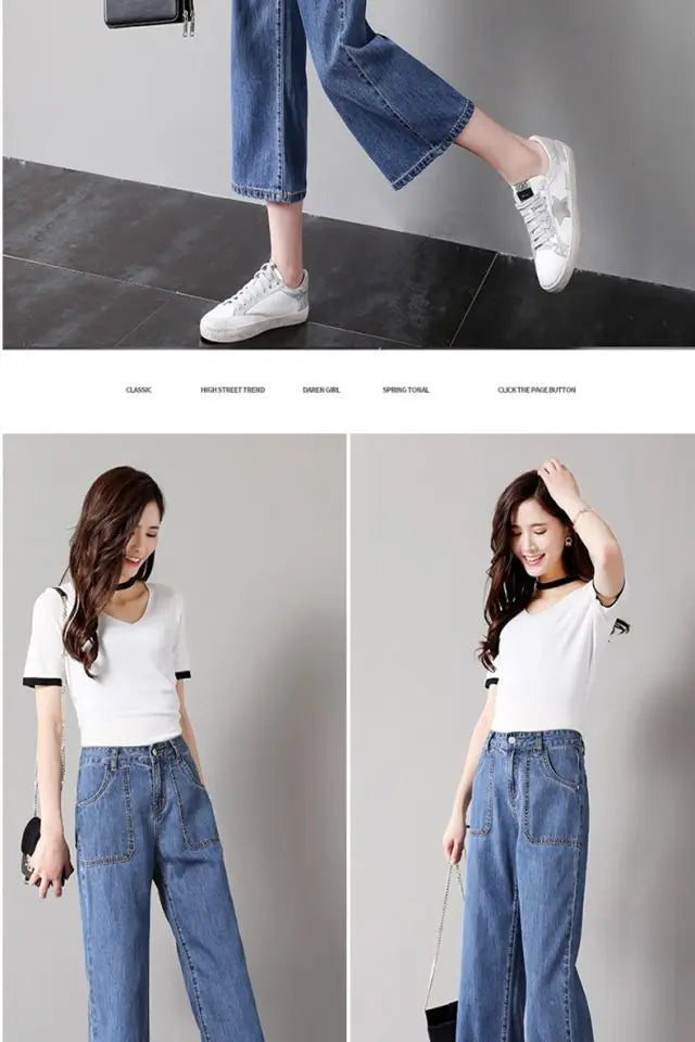 High Waist Straight Leg Jeans Women's Summer Thin Wide Leg Pants Loose Fit 9-Piece Blue Cotton Stretch Denim Small Size