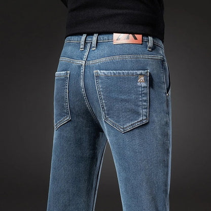 2025 Winter New Men's Fleece Thickened Jeans Retro Blue Hot Straight Casual Pants Stretch Premium Velvet Warm Denim Pants