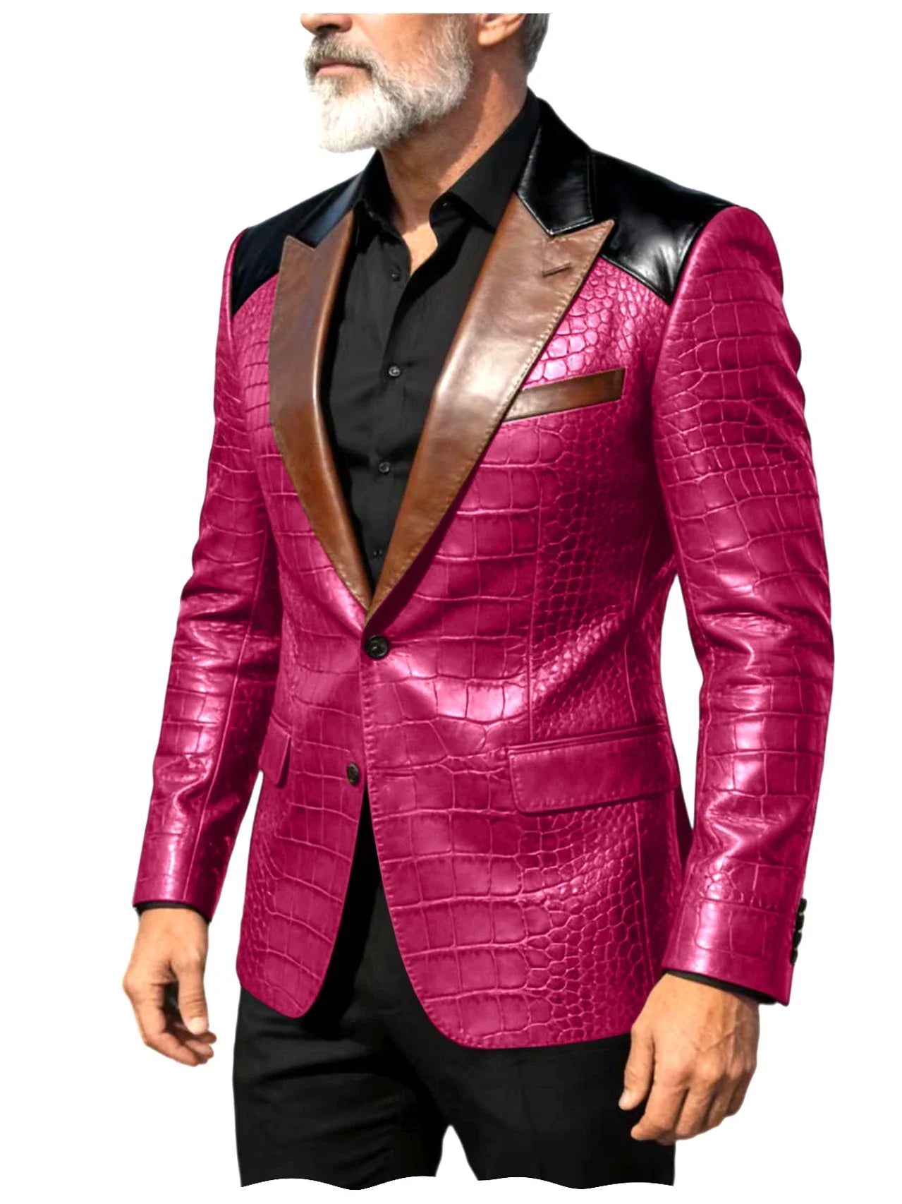 Men's Crocodile Embossed Leather Blazer Luxury Patchwork PU Leather Suit Jacket Slim Fit Peaked Lapel Casual Business Outerwear