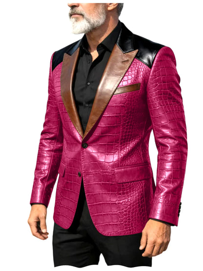Men's Crocodile Embossed Leather Blazer Luxury Patchwork PU Leather Suit Jacket Slim Fit Peaked Lapel Casual Business Outerwear