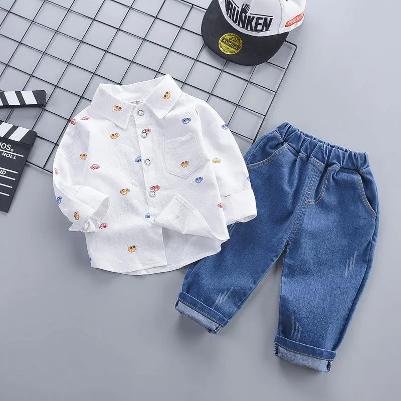 1-5 Years Spring Autumn Handsome Boys Clothing Set Full Sleeve Little Car Pattern Shirt+Jeans 2Pcs Suit For Kids Children Outfit