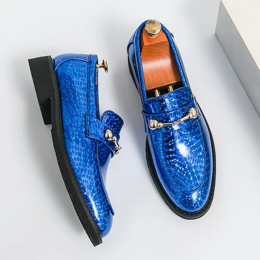 Men's Glossy Leather Shoes European American Luxury Blue High-end Banquet Loafers Commuting Party Dress Formal Shoes Size：38-46
