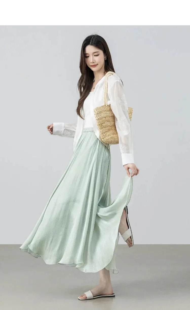 Women's Gray Elegant Skirt 2026 Summer Elastic Waist Sheen Flowy A Line Long Skirt for Woman Ladies Clothes 162QG4909