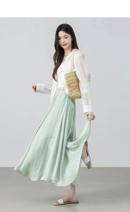 Women's Gray Elegant Skirt 2026 Summer Elastic Waist Sheen Flowy A Line Long Skirt for Woman Ladies Clothes 162QG4909