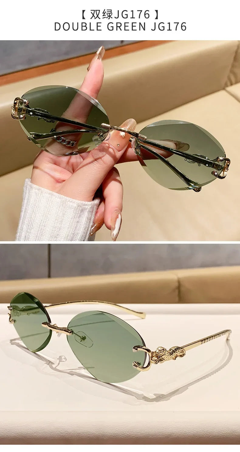 2026 New Fashion Leopard Head Frameless Oval Sunglasses Women Men Internet Celebrity Female Sunscreen Sun Glasses High-end UV400