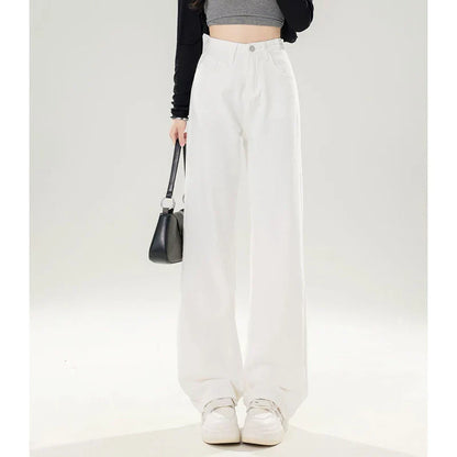 Lady Korean Fashion High Waist Jeans Pants Women Loose Fit Denim Trousers Girls White Casual Straight Leg Pants
