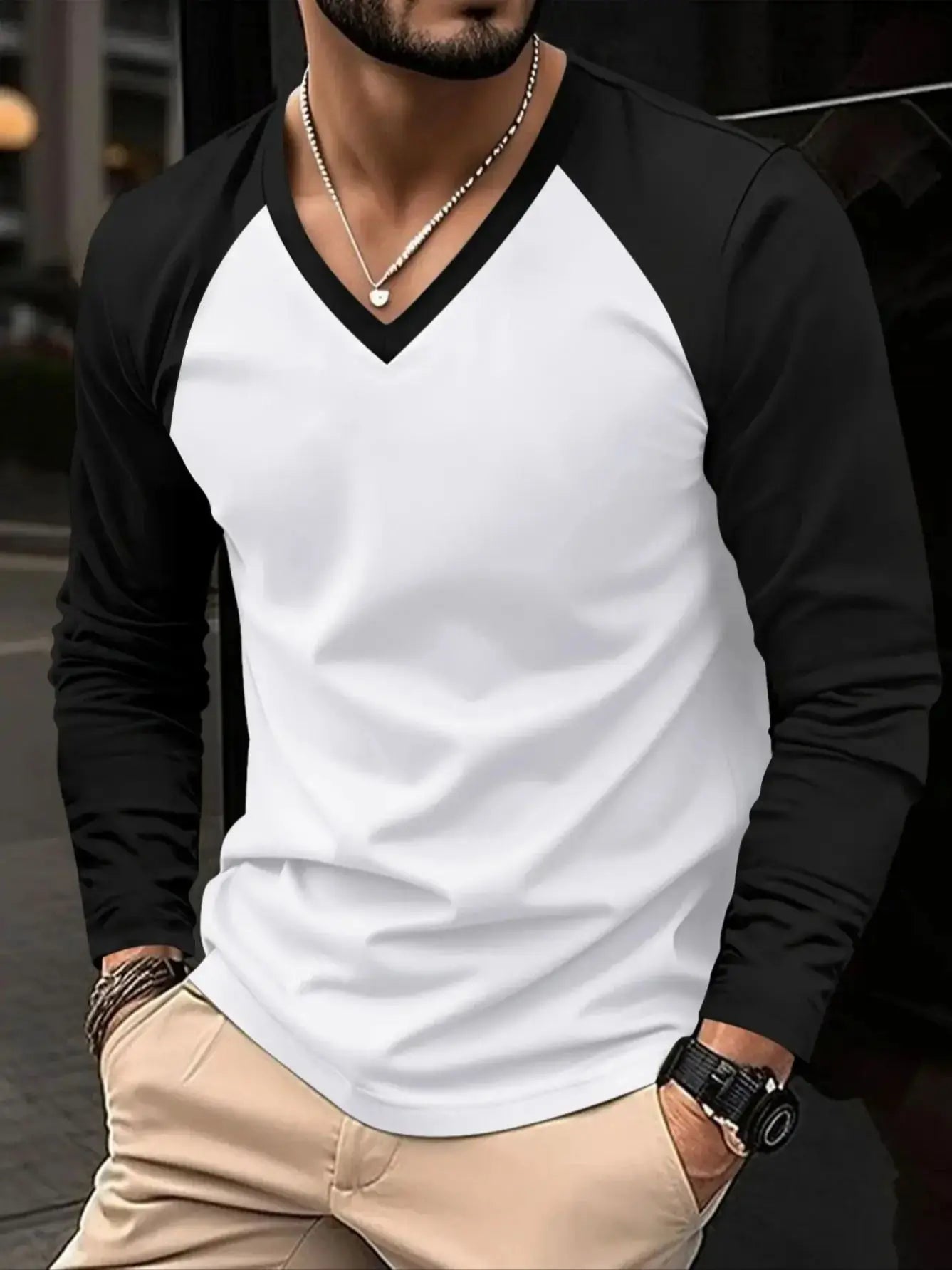 New Spring Autumn Style Everyday Wear Outdoor Sports Fashion Trendy Versatile Color Block V-neck Long Sleeve Men's Top