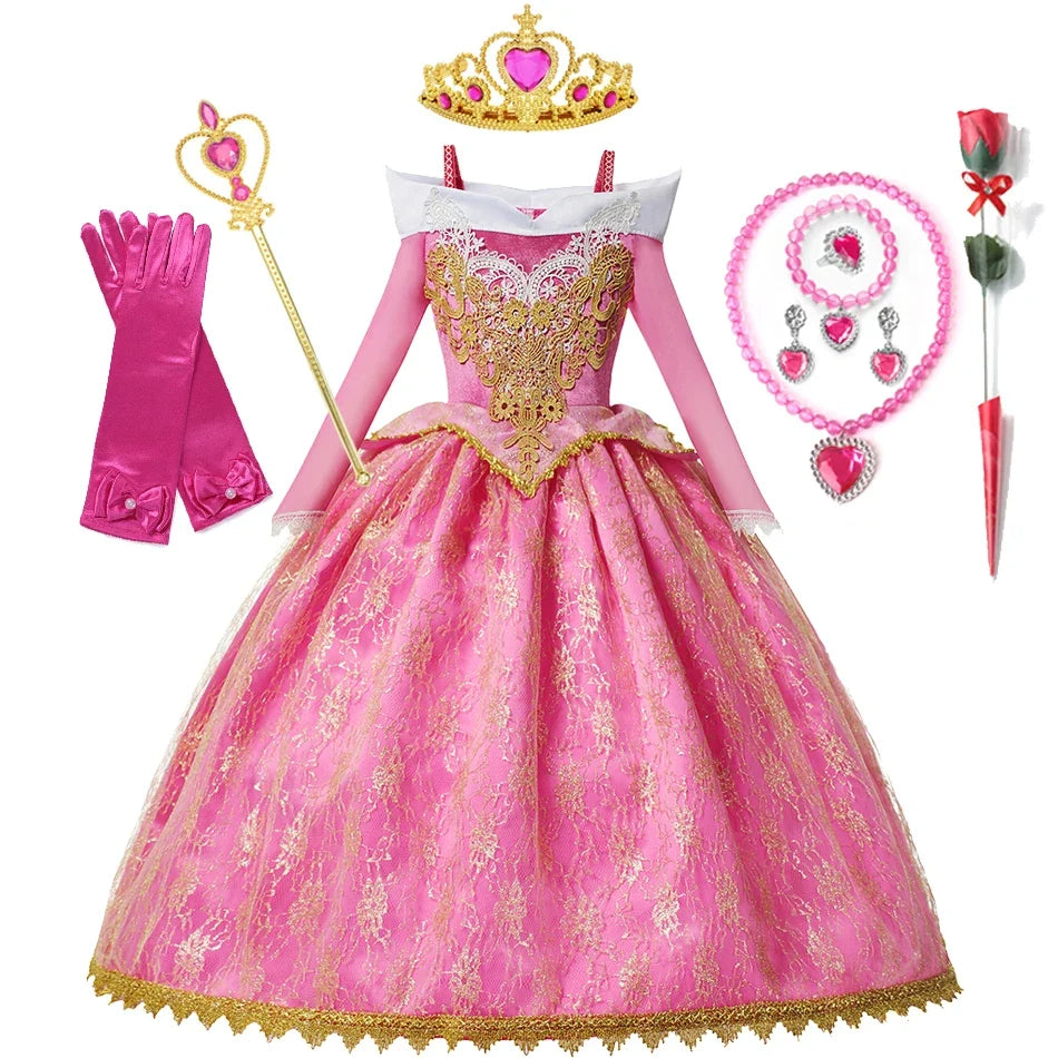 Girls Princess Dress Sleeping Beauty Aurora Cosplay Costume 2025 Kids Carnival Birthday Party Pink  Long Sleeve  Evening Dresses