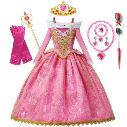 Girls Princess Dress Sleeping Beauty Aurora Cosplay Costume 2025 Kids Carnival Birthday Party Pink  Long Sleeve  Evening Dresses