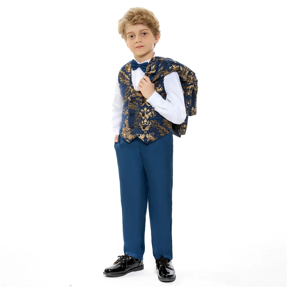 Luxury 4-Piece Set Suit Set for Boys 3-14 Years, Slim Fitting Jacket Vest Pants Bow-tie, Wedding Dresswear for Chidren In Stock