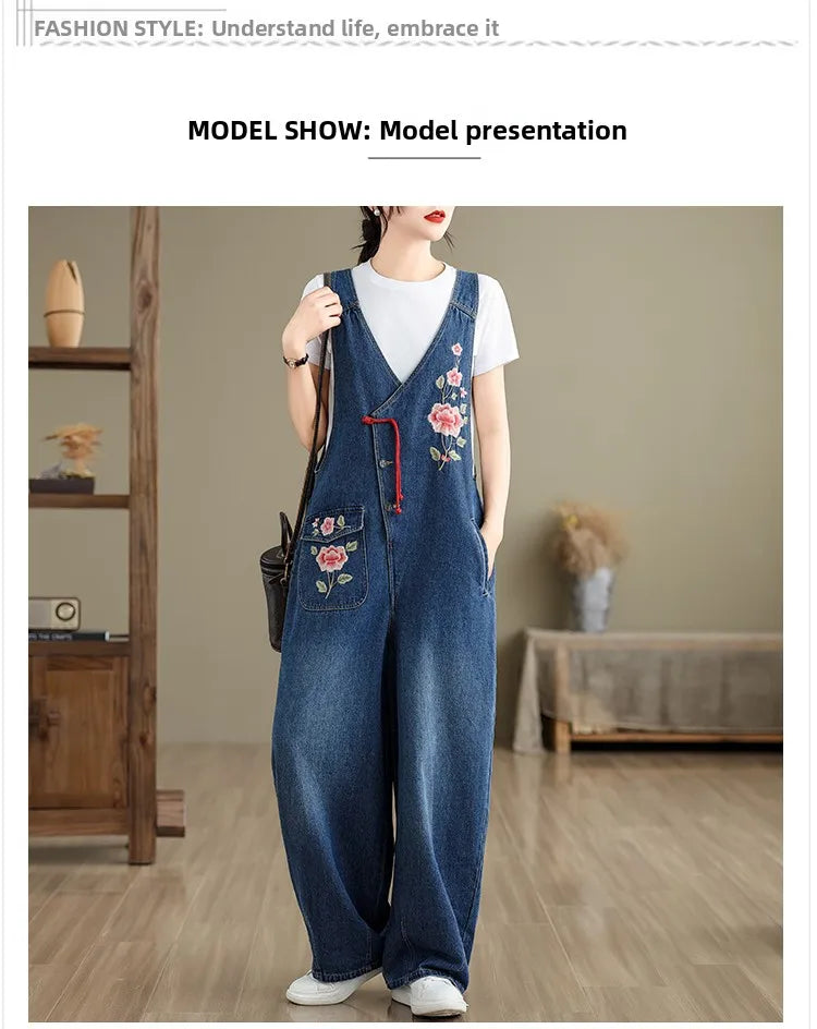 Spring 2025 New Vintage Large Size Loose Embroidered Denim Overalls High Waist Long Pants Women's Faion Casual Jeans