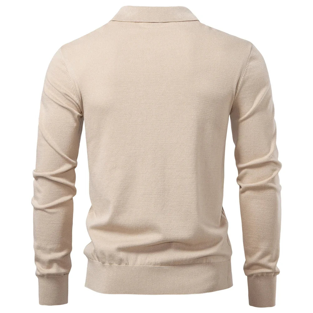 2025 Modern V-neck Polo Men Solid Color Long Sleeve Fashion Forward Cut Luxury Business Social Premium Sweaters Male