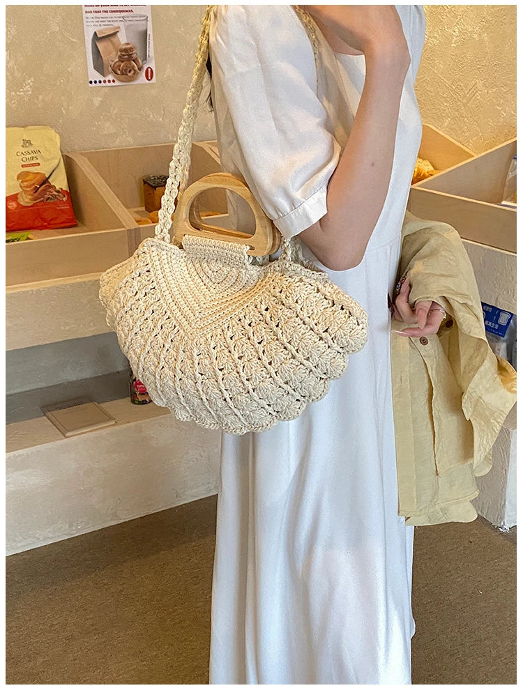 2026 New Retro Fan-shaped Crochet Woven Underarm Bag for Women Ins Style Seaside Vacation Versatile Wooden Handle Shoulder Bag