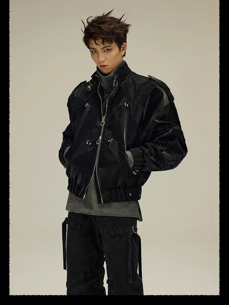 Spring Autumn Cool Short Shiny Black Crocodile Print Pu Leather Jacket Men Luxury Designer Y2K Streetwear Clothes