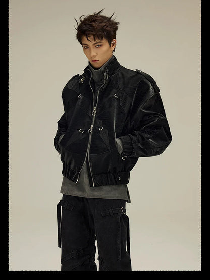 Spring Autumn Cool Short Shiny Black Crocodile Print Pu Leather Jacket Men Luxury Designer Y2K Streetwear Clothes