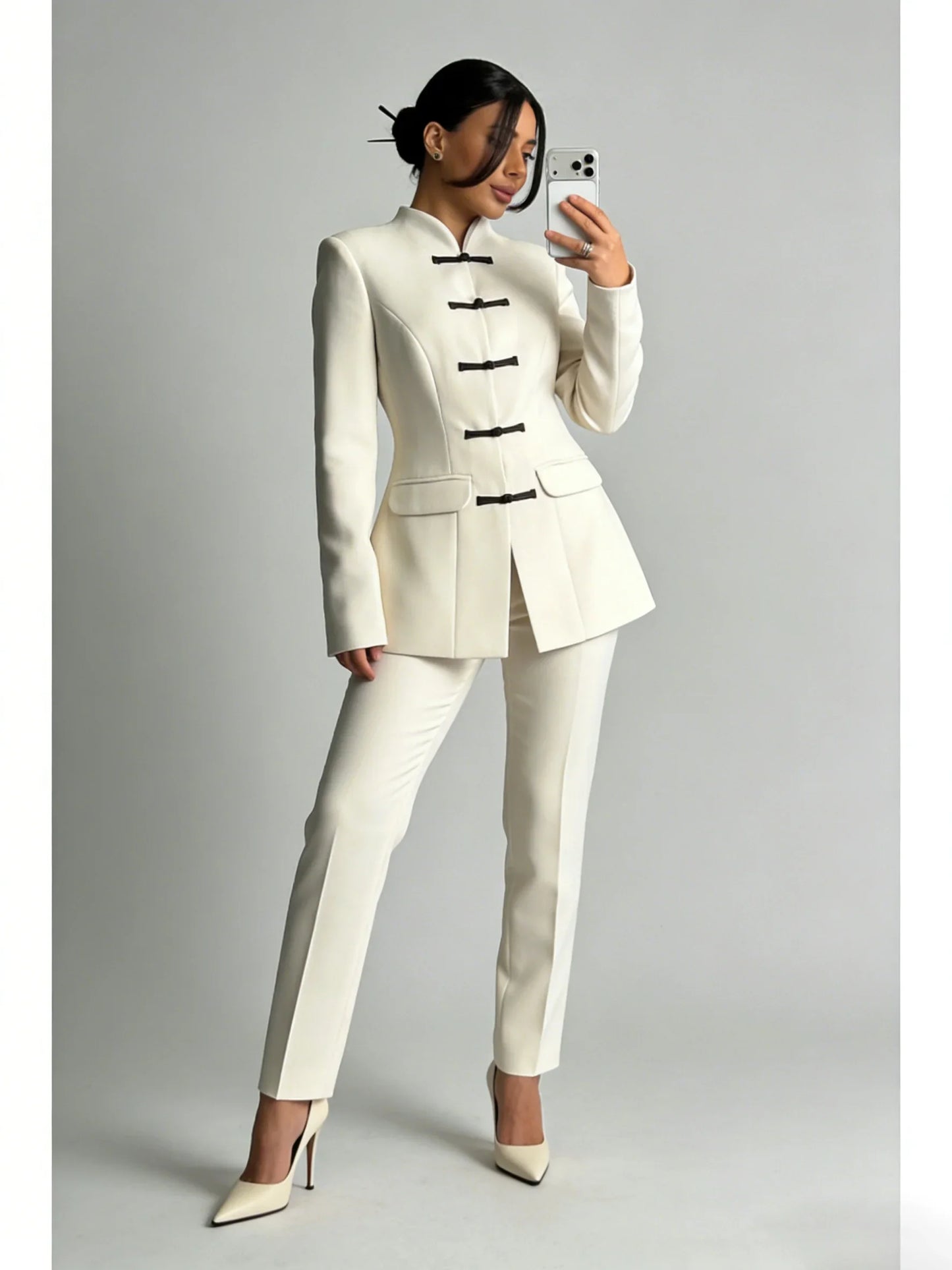 Women's Spring Summer Mandarin Collar Frog Button Tweed Fitted Blazer Elegant Casual Office Wear 2026 Trendy Fashion Blazer