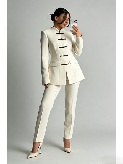 Women's Spring Summer Mandarin Collar Frog Button Tweed Fitted Blazer Elegant Casual Office Wear 2026 Trendy Fashion Blazer