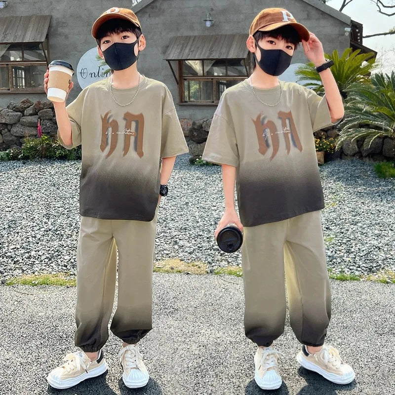 Summer Boys Leisure Gradient T-Shirt Top+Loose Sweatpant Workout Set School Kids 2PCS Tracksuit Children Vacation Outfit 5-16 Yr