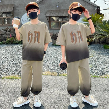Summer Boys Leisure Gradient T-Shirt Top+Loose Sweatpant Workout Set School Kids 2PCS Tracksuit Children Vacation Outfit 5-16 Yr