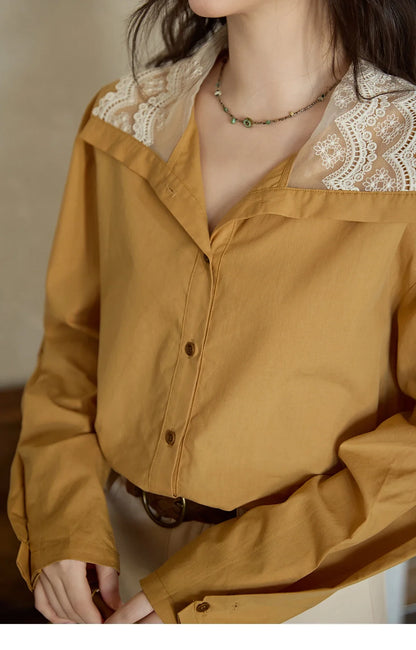Autumn Solid Cotton Shirt Autumn V-neck Double-layer Lace Retro Design Shirts Single Breasted Tops Office Lady MXE41C2366