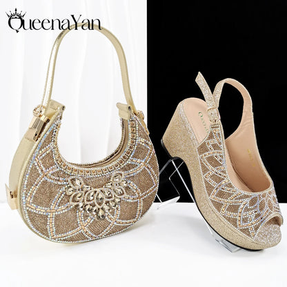 Sky Blue Elegant Nigerian Rhinestone Wedding Shoe and Bag Set Italian Inspired High Heels and Matching Handbag