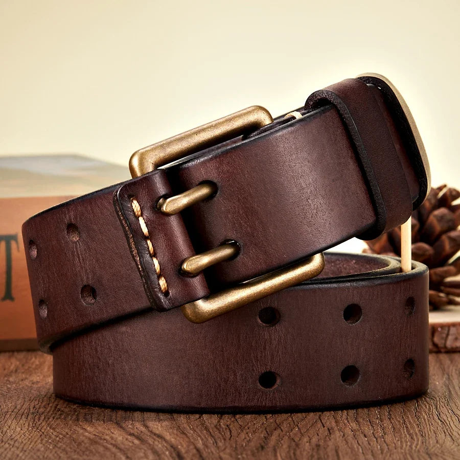 3.8cm Wide Retro Vintage Men's Belt Cowhide Genuine Leather Belt Copper Double Needle Buckle Handmade Cowboy Jeans Belt